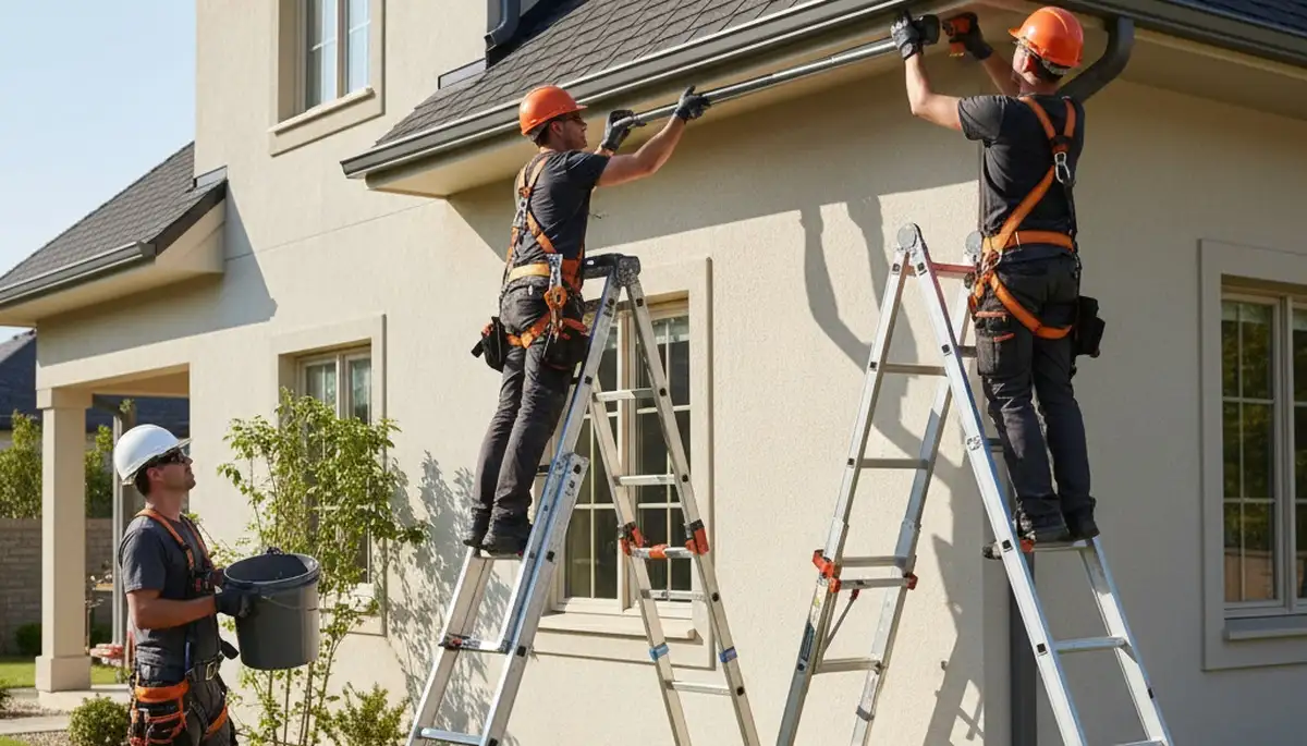 Knoxville, TN gutter repair crew fixing leaks and sagging gutters on a home exterior