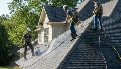 Roof cleaning in Knoxville, TN by FX Remodeling & Exteriors removing algae and debris from a home roof