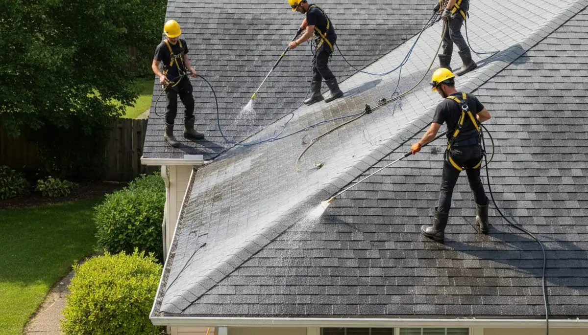 Roof cleaning service in Knoxville, TN to remove algae, moss, stains, and debris from residential roofs